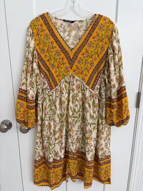 BTFBM Boho Floral Mini Dress XL Cottagecore Peasant Sleeve Babydoll Tunic Yellow